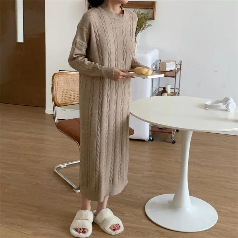 

Vintage Solid Thick Dresses Woman Elegant Clothing Korean Sweater Dress Women 2022 New Winter Warm Knitted Autumn Maxi Vestido