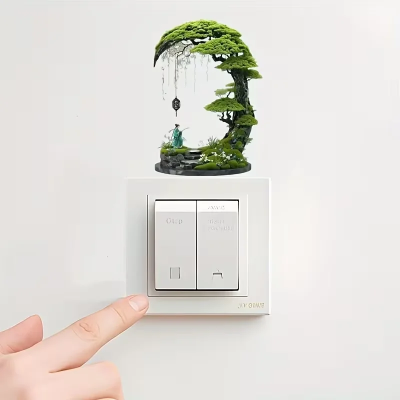 Self adhesive bonsai tree wall stickers - realistic mini waterfalls and dolls, suitable for home decoration with light switches