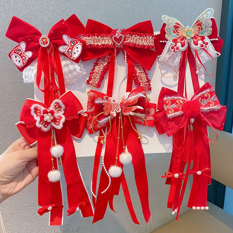 Red Bow Princess Girl Headwear New Year Cute Pompom Kids Hair Clips Winter Plush Hairpins Braid Accessory New Year Gift for Kids