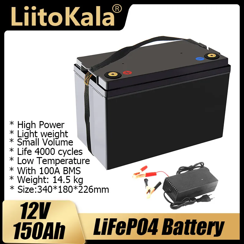 LiitoKala Lifepo4 12.8V 12V 150AH lithium battery 100A BMS for 1200W Boats Solar energy storage golf carts RV inverter 14.6V10A