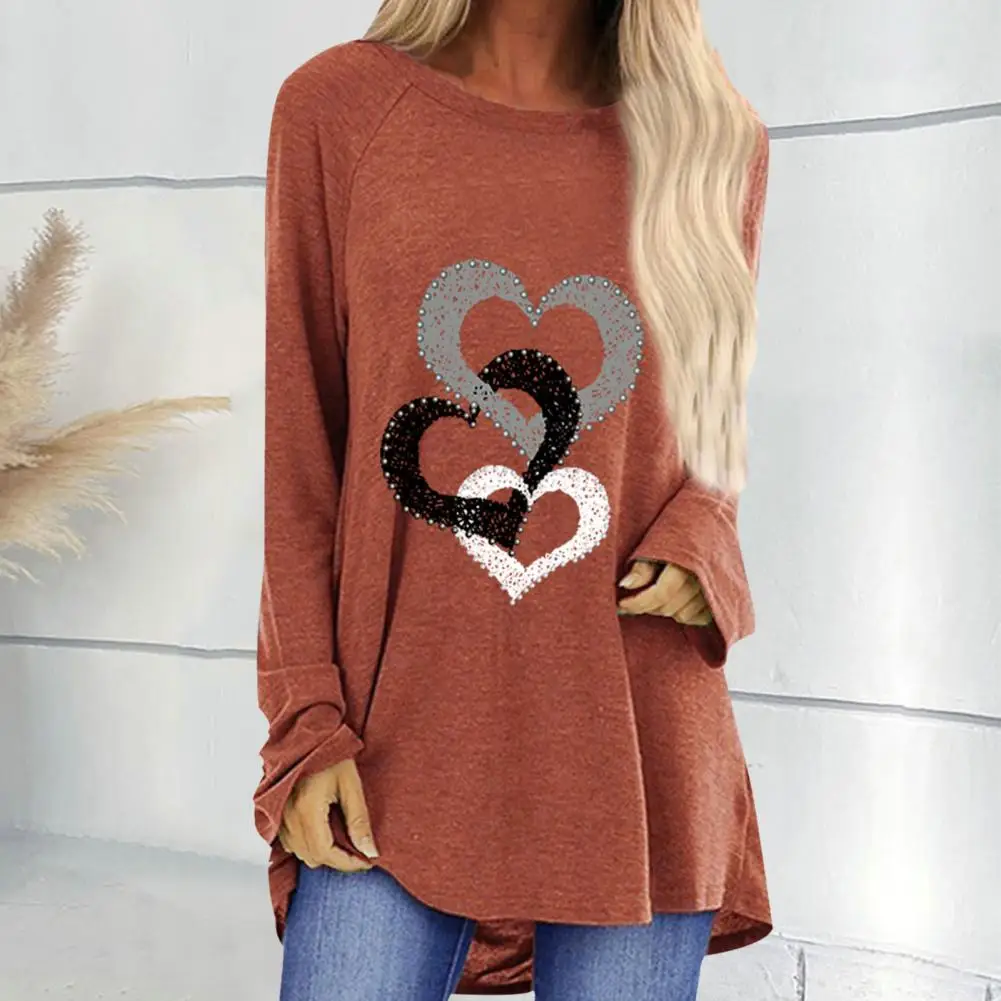 Heart Pattern T-shirt Rhinestone Decor Heart Pattern Women's Long Sleeve T-shirt Soft Breathable Pullover Top for Spring Fall