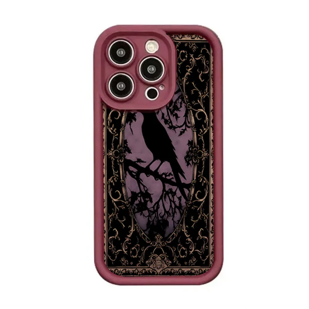 Aesthetic Black Crow Pattern Wine Red Phone Case for iPhone 16 E15 14 13 12 11 Pro Max Mini XS X XR 7 8 Plus Shockproof Cover - view 6
