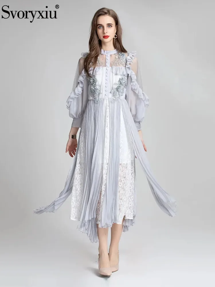 

Svoryxiu Runway Fashion Summer Silver Elegant Midi Dress Women's Stand Collar Sequins Appliques Flounces Lantern Sleeve Dress