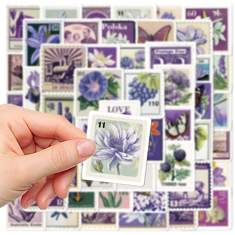 50PCS Retro Purple Stamp Stickers Aesthetic Graffiti Decor Decals for Phone Guitar Notebook Luggage Diary Stationery Child Toys