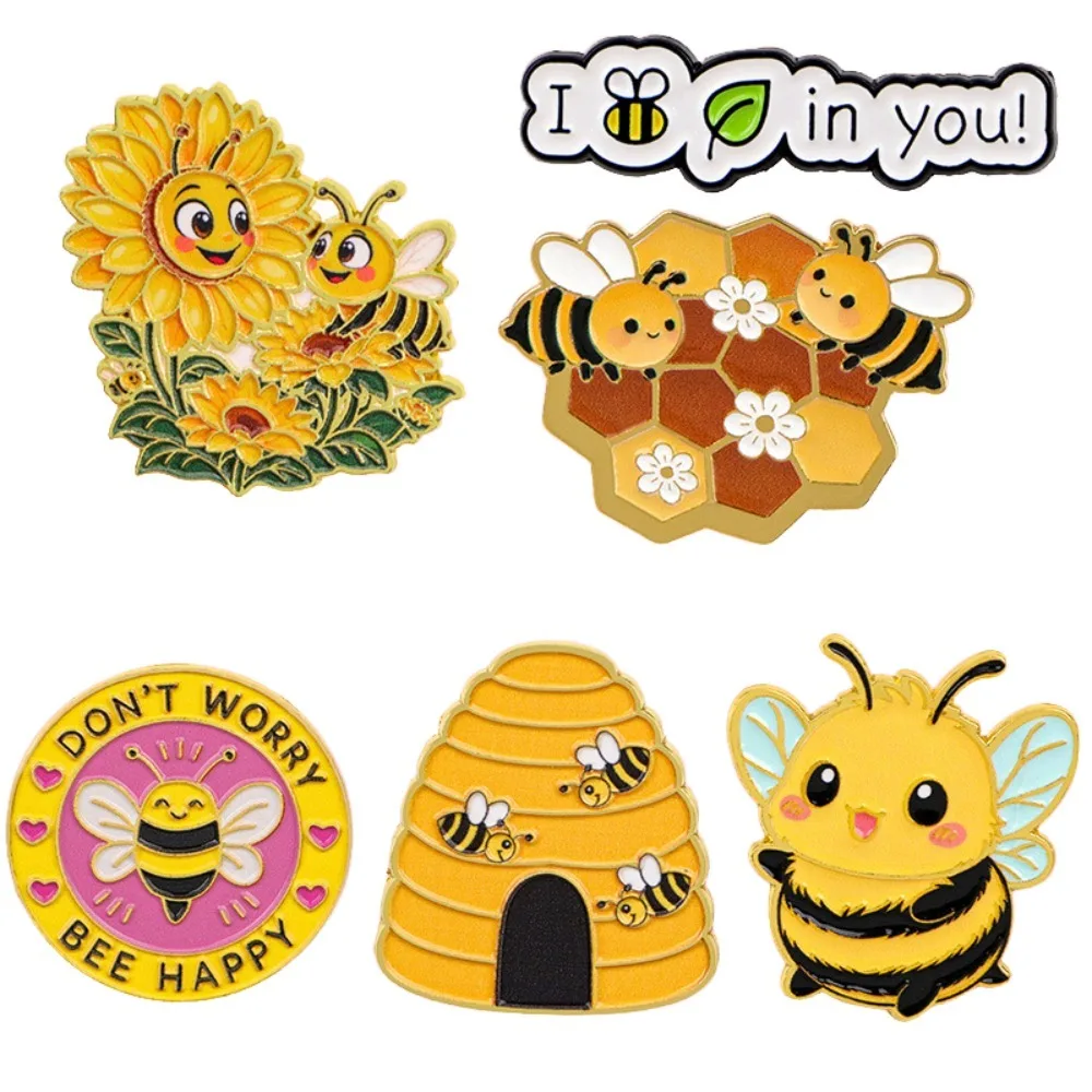 Bee Enamel Pins Cartoon Honeybee Hive Sunflower Brooch Lapel Pin Badge for Backpack Hat DIY Accessory Positive Jewelry Gift