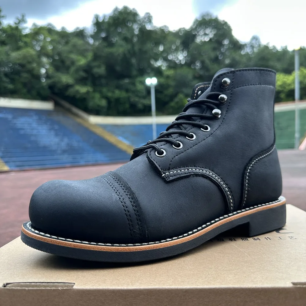 British Men's Genuine Leather Goodyear Motorcycle Boots Mid-calf Western Tooling Boots High-top Derby Business Dress Shoes