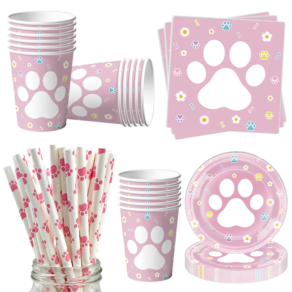 Vaisselle de fête imprimée patte rose, chien rose chiot, assiettes en papier pour fête d'anniversaire, serviettes, décorations pour enfants, garçons et filles, réception-cadeau pour bébé