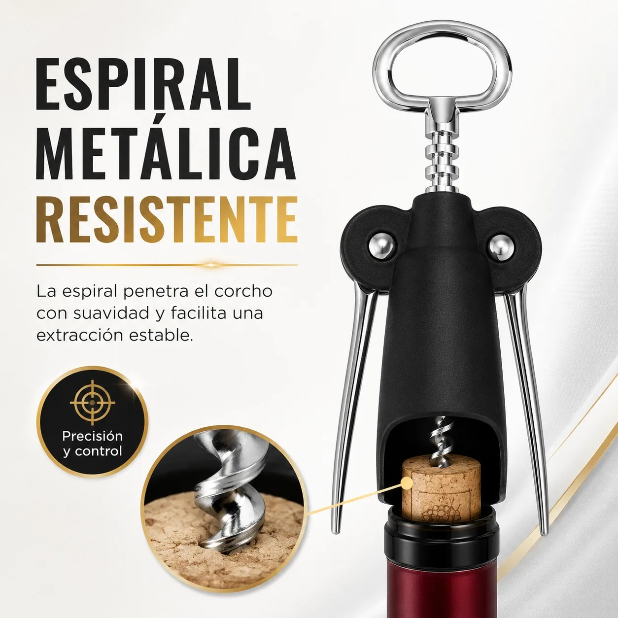 Tire-bouchon à double levier en acier au carbone et PP, ouvre-bouteille manuel ergonomique 17 cm, spirale métallique durable pour cuisine, bar et restaurant, couleur noire