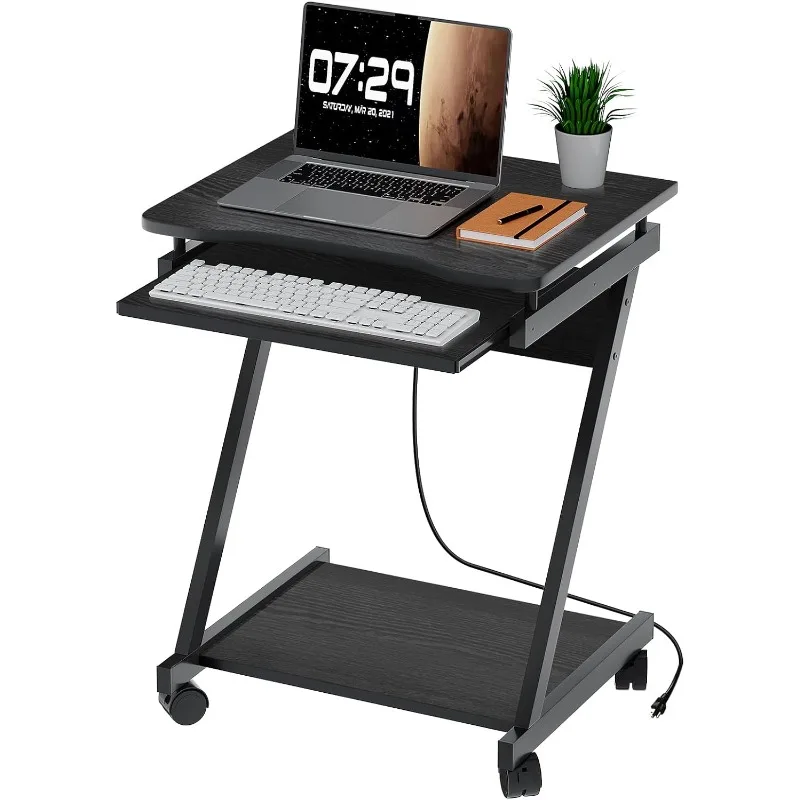 

Compact Home Office Desks for Small Space, Computer Gaming Desk with Keyboard Tray and Power Outlet