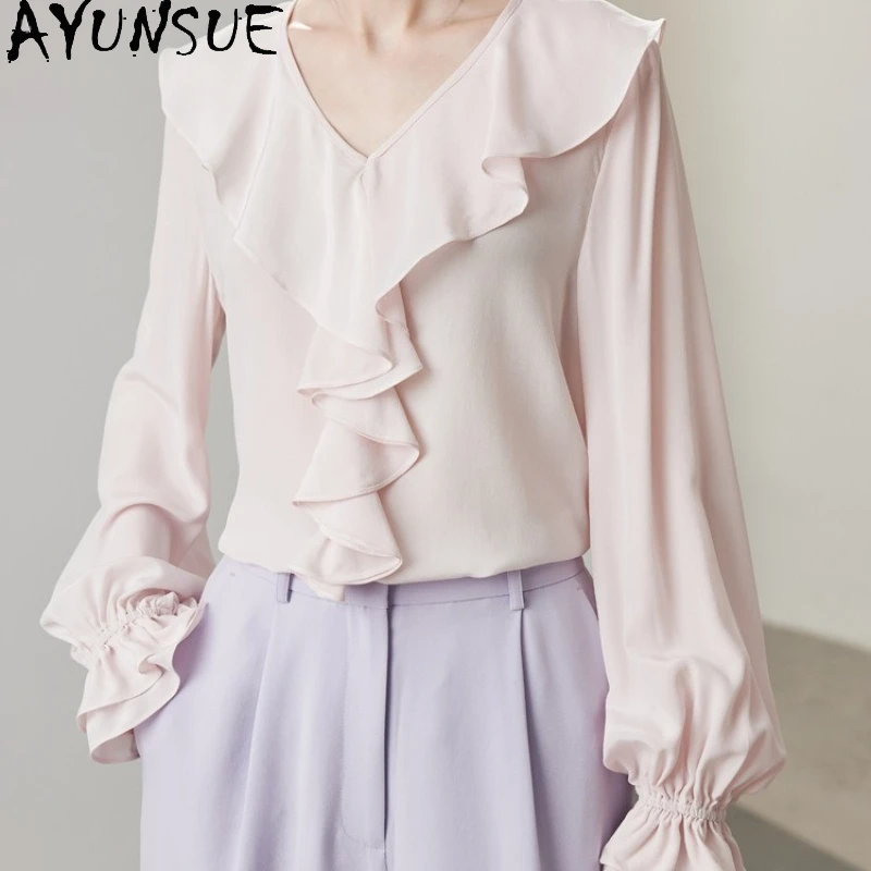 

AYUNSUE 100% Mulberry Silk Blouse for Woman Long Sleeve Top Commuter Shirts Clothes for Women Elegant Tops Blusas De Mujer 2025