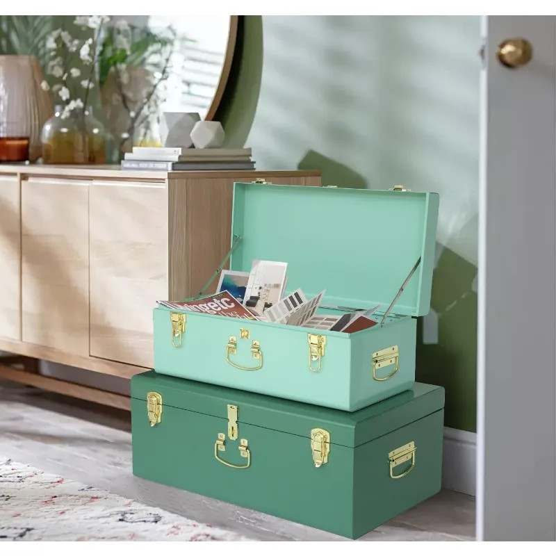 Decorative Large Metal Box Storage Trunk Chest Set of 2 College Dorm Organizer with Hardware Hasps and Handle for Home Deocr