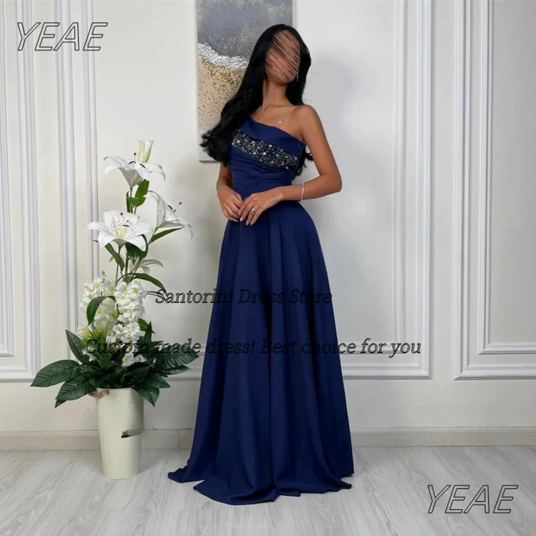 Santorini Navy Blue Satin Evening Dresses One Shoulder Customized Beaded Prom Dress Sexy Back Vestidos Des Fiesta