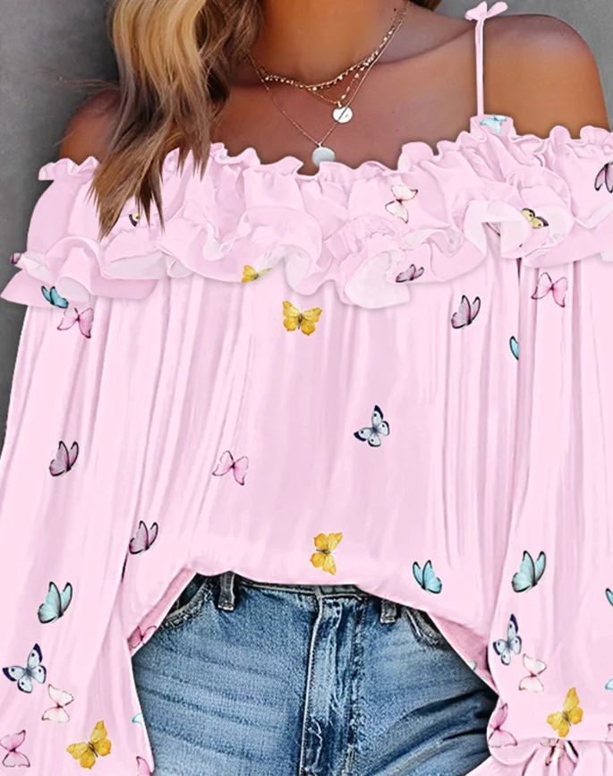 

Women T-Shirt 2025 Summer New Female Fashion Butterfly Print Off The Shoulder Ruffles Blouses Women's Casual Lantern Sleeve Top