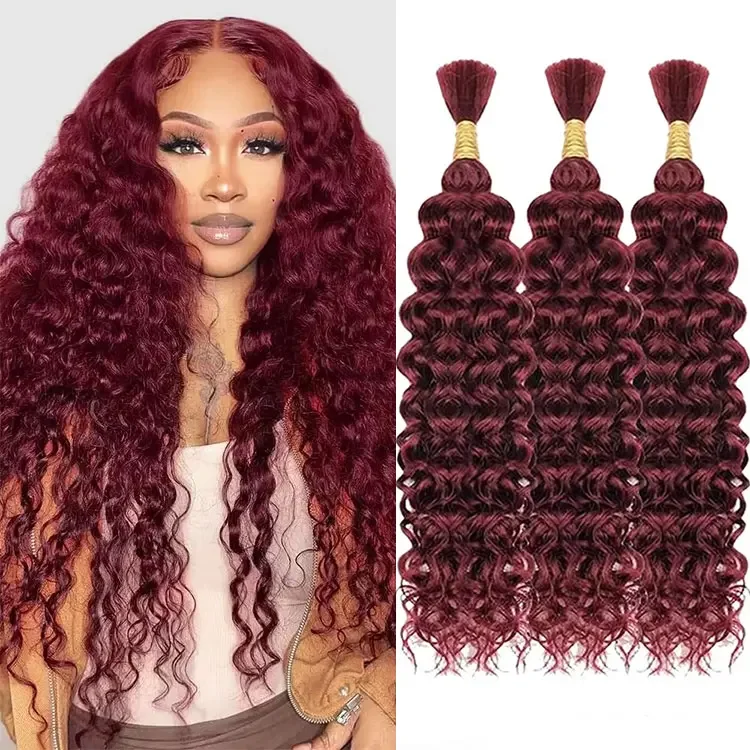 2 3 4 PCS 99J Burgundy Human Braiding Hair Deep Wave Human Hair 18 20 Inch Colored Bulk for Braiding No Weft Curly Human Hair Extensions For Boho Braids