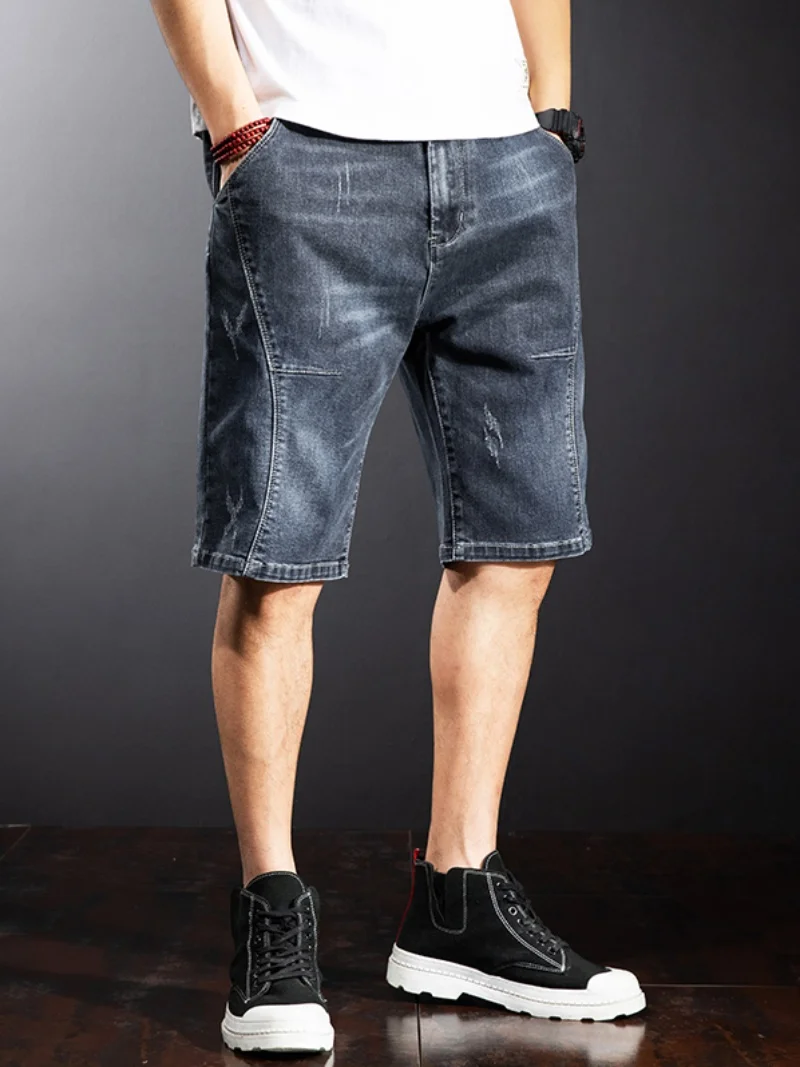 

2026 New Men's Light Blue Elastic Denim orts Five-Quarter Thin Loose Large Size Patchwork Mid-Waist Straight Leg Jeans