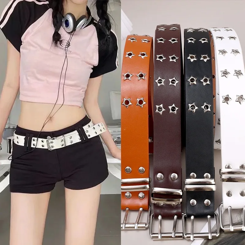 Y2K Star Eye Rivet Cintura Goth Pu Leather Doppio Pin Fibbia Cinture per Donna Uomo Moda Casual Punk Cintura per Jeans Decorazione