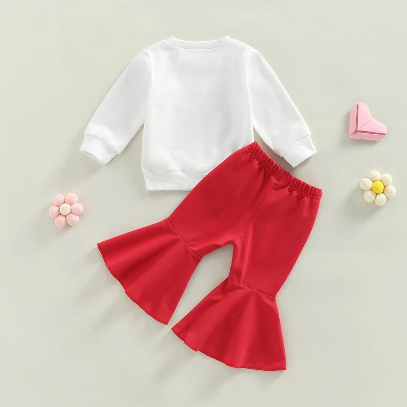 Conjunto de 2 piezas para niñas, sudadera de manga larga con cuello redondo y pantalones acampanados con letras estampadas y cintura elástica