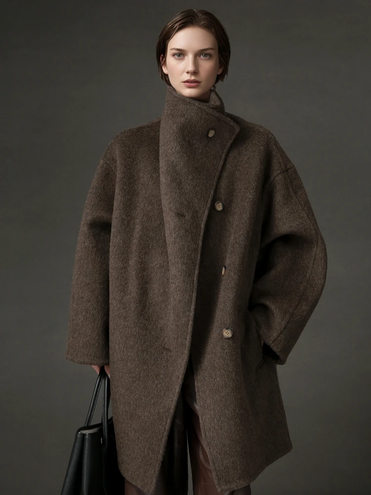 Stand Collar Design Lady's Short Woolen Jackets 2025 Autumn And Winter Mid-Length Single Breasted Loose Warm Women's Wool Coats