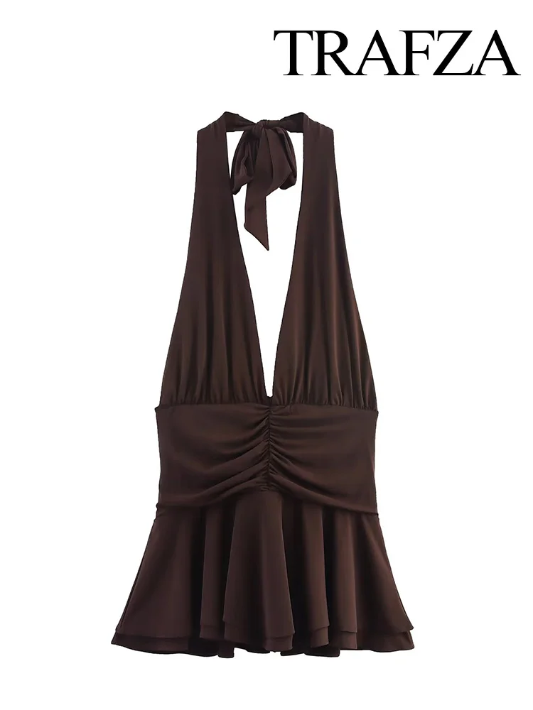 HH Summer Women Elegant Mini Hanging Neck Collar Dress Solid Female Zipper Backless Sleeveless Pleated Knitted Dresses