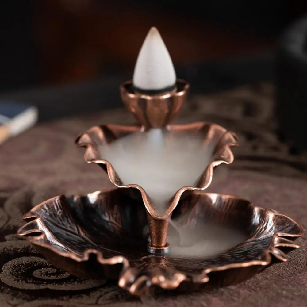 Lotus Leaf Alloy Incense Burner Stick Holder Waterfall Fragrance Fireplace Backflow Aroma Smoke Zen Censer Holder Home Decor