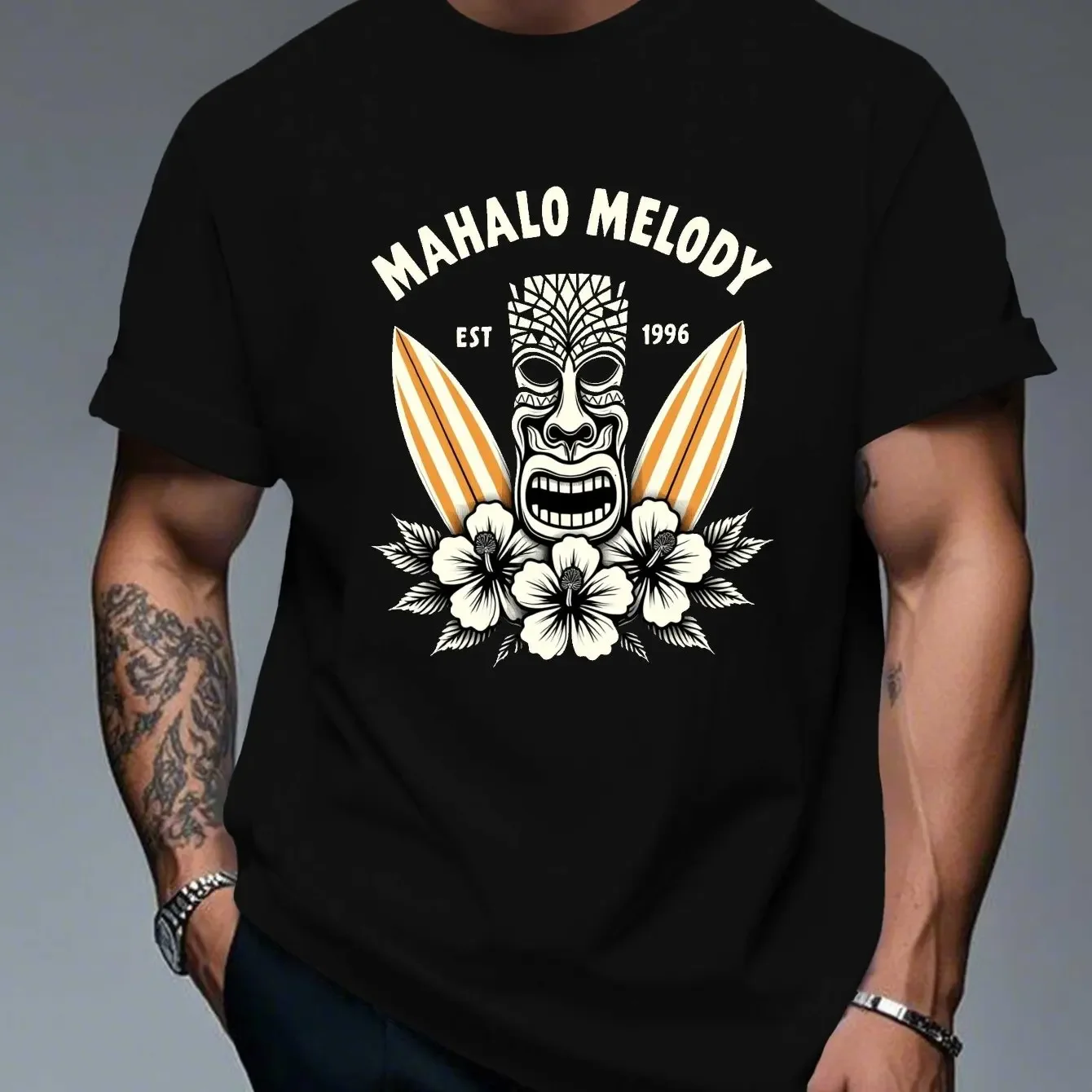 Vintage EST 1996 Mahalo Melody Hawaiian Tiki Mask Surf Board Hibiscus Print Loose Oversized Men Summer Unisex Tops