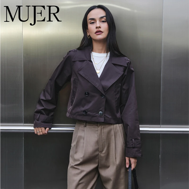MUJER Double Breasted Trench Coat for Women Outdoor Coats Cropped Women's Windbreaker Short Trench Coats for Woman Outerwears