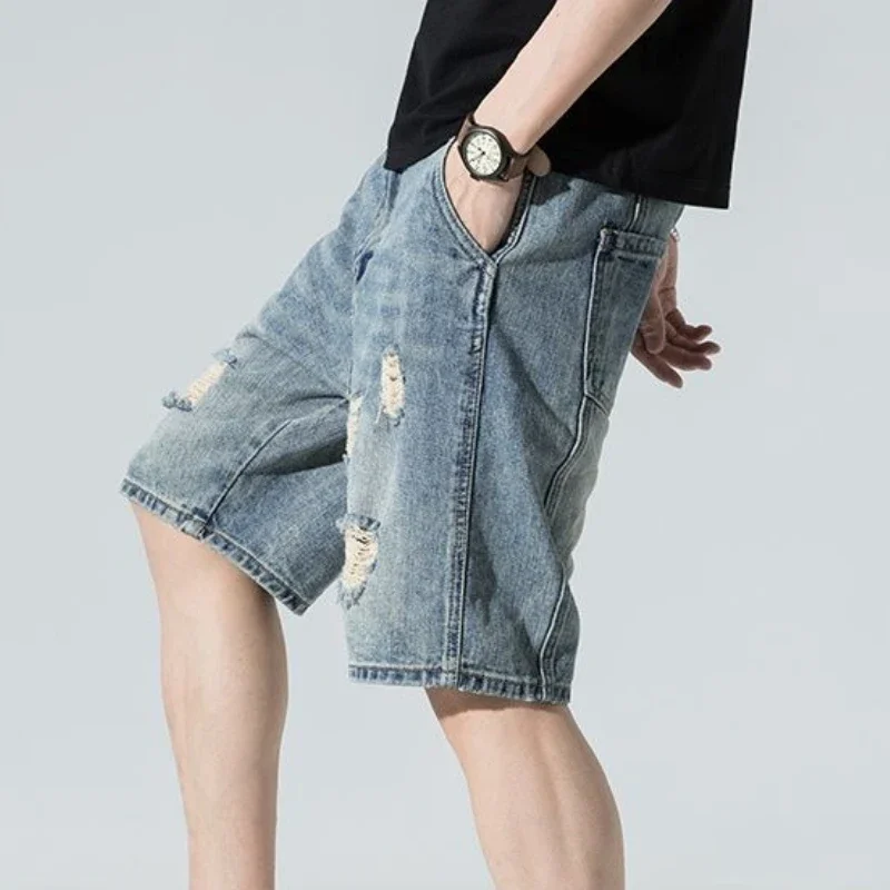 

Bermuda Baggy Loose Male Denim Shorts with Pockets Wide Ripped Long Half Buttons Stretch Rude Original Men's Short Jeans Pants