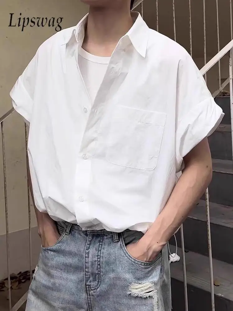

Stylish Men's Pure Color Shirts Summer New Casual Button Turn-down Collar Shirt For Men Fashion Half Sleeve Bottom Tie-up Shirts