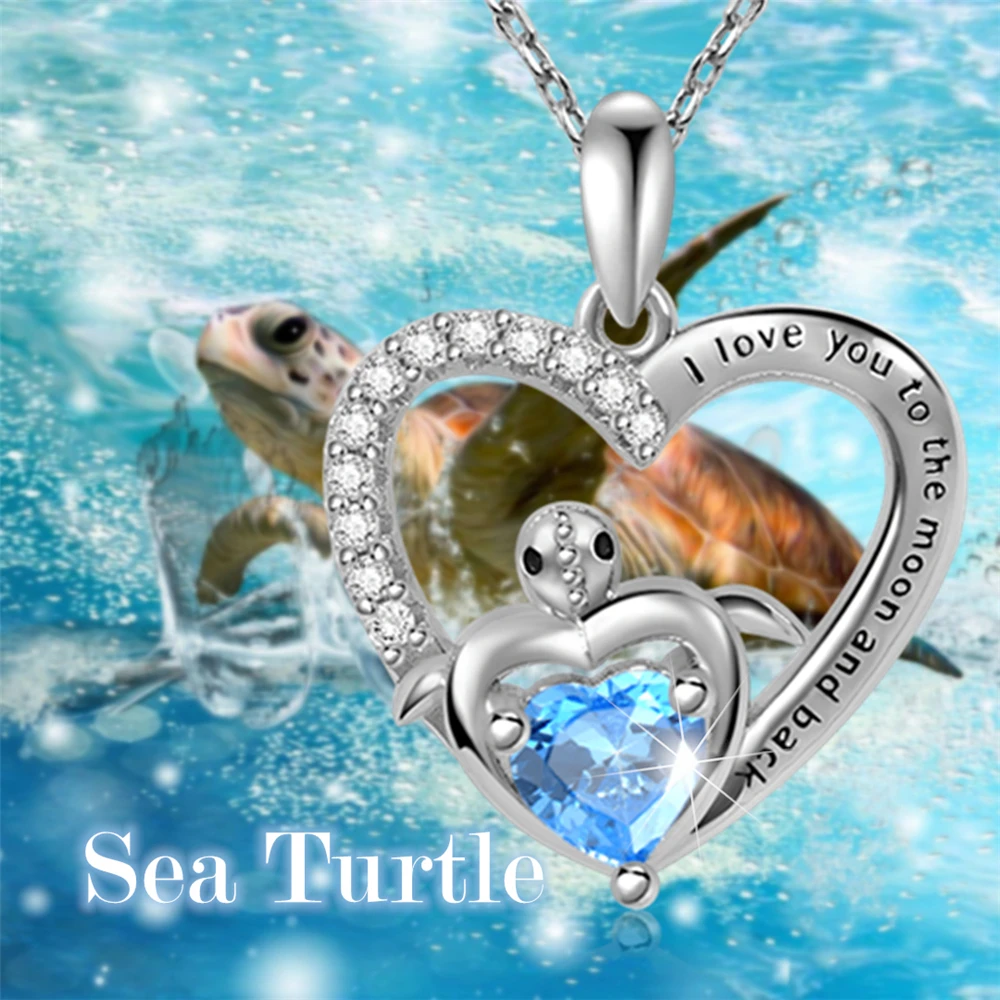 Delicate Heart Turtle Blue Crystal Pendant Necklace for Womne Fashion Lady Ocean Heart Animal Jewelry Luxury Love Memorial Gifts