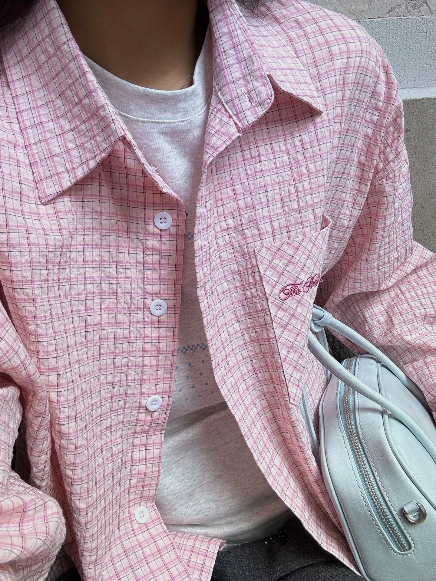 

NIDEBLACK Korean Style Long Sleeve Embroidered Loose Casual Women's Shirt Powder Plaid Sun Protection Outerwear