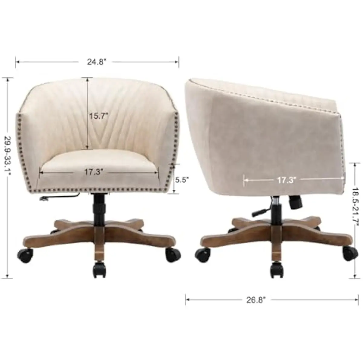 Beige Faux Leather Swivel Desk Chair with Mid-Back Support Tufted Cushion Silent Casters Adjustable Height Barrel Design for Hom