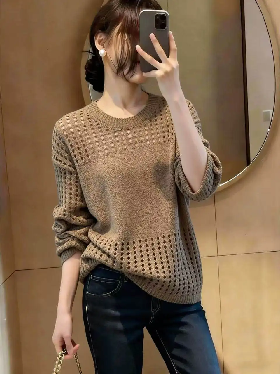Lightweight Hollow out Knitted Coffee Color Long Sleeve Women's T-Shirt Spring New Style plus Size Lazy Style Top
