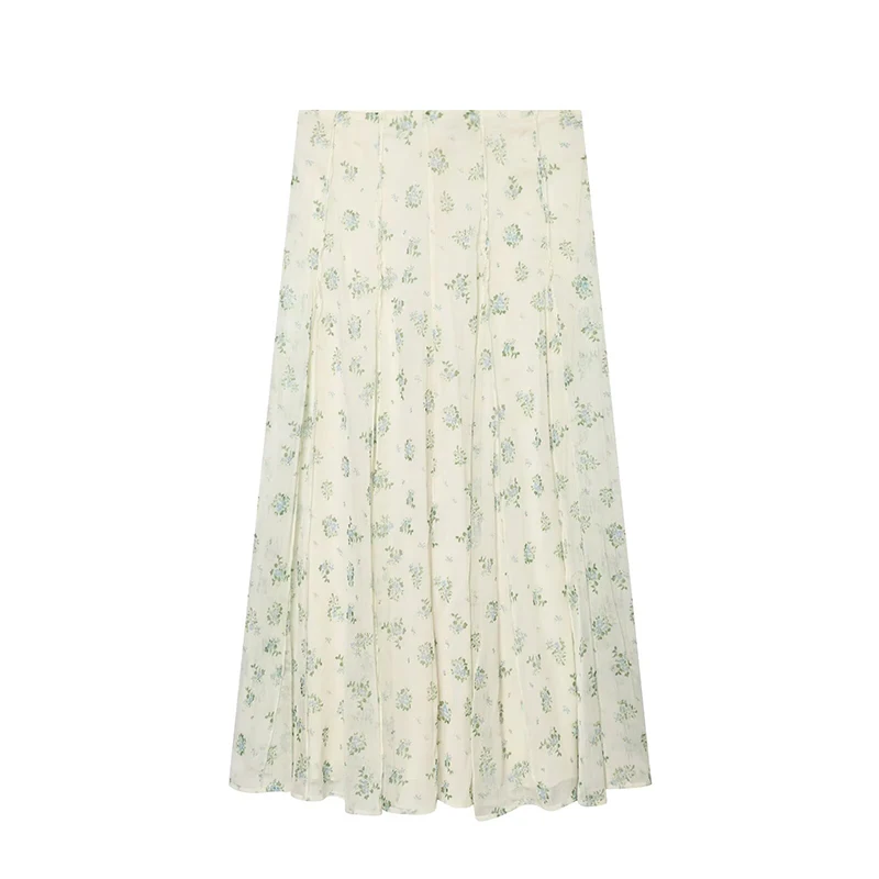 YENKYE New 2026 Women's French Gentle Floral Print Chiffon Skirt High Waist A-Line Midi Casual Summer Skirts