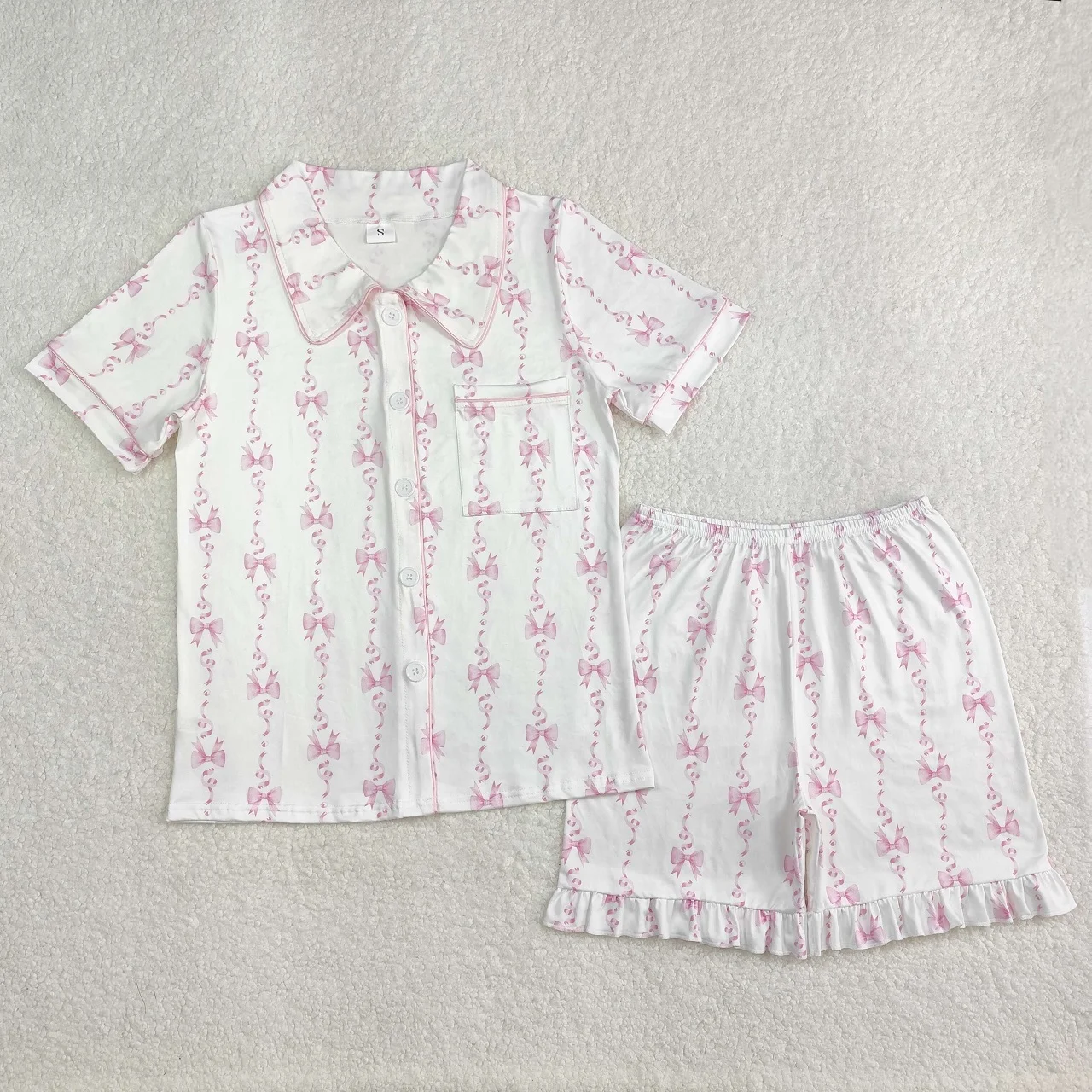 

Wholesale Adult Nightclothes Short Sleeves Women Sleepwear Bows Shirt Woman Girl Set Ruffle Shorts Outfit Pajamas Clothing