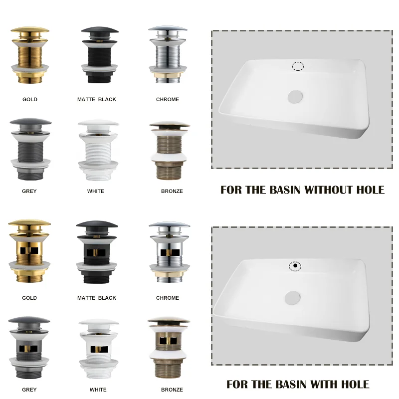 Brass Drain Black/White/Chrome Plated/Gold/Bronze/Grey Bathroom Basin Push Down Pop-Up Drain With/Without Overflow Hole Design