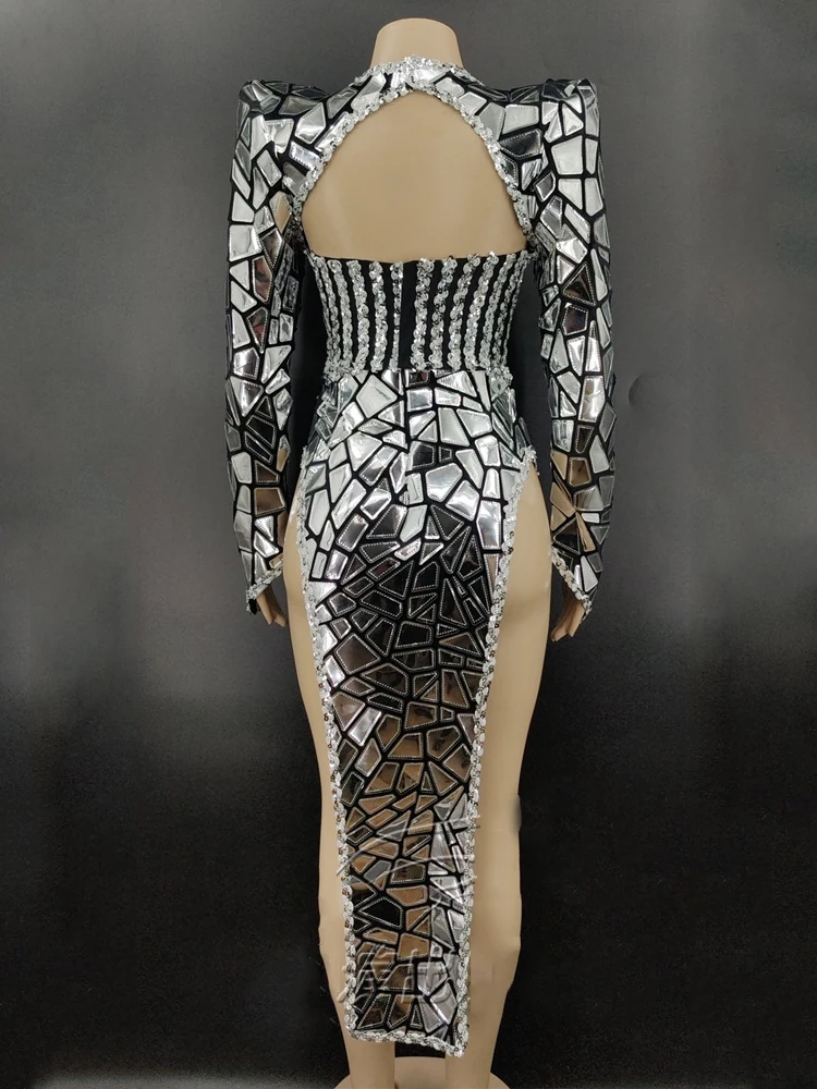 Silver Mirror Dress Long Sleeve Prom Dresses Sexy Slit Party Outfit Dj Gogo Dancer Clothes Female Singer Stage Costume