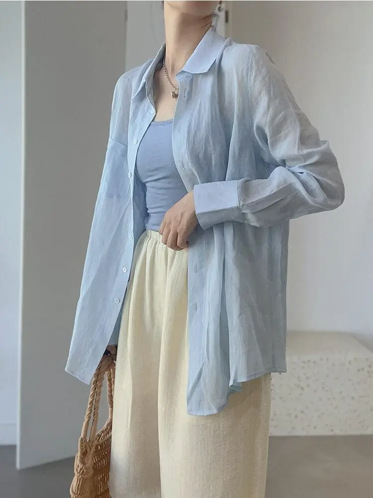 

Женская льняная блузка LSD: дышащая, прохладная, свободного кроя, однотонная, для весны и лета, новая, комфортная, в стиле «ленивый шик»