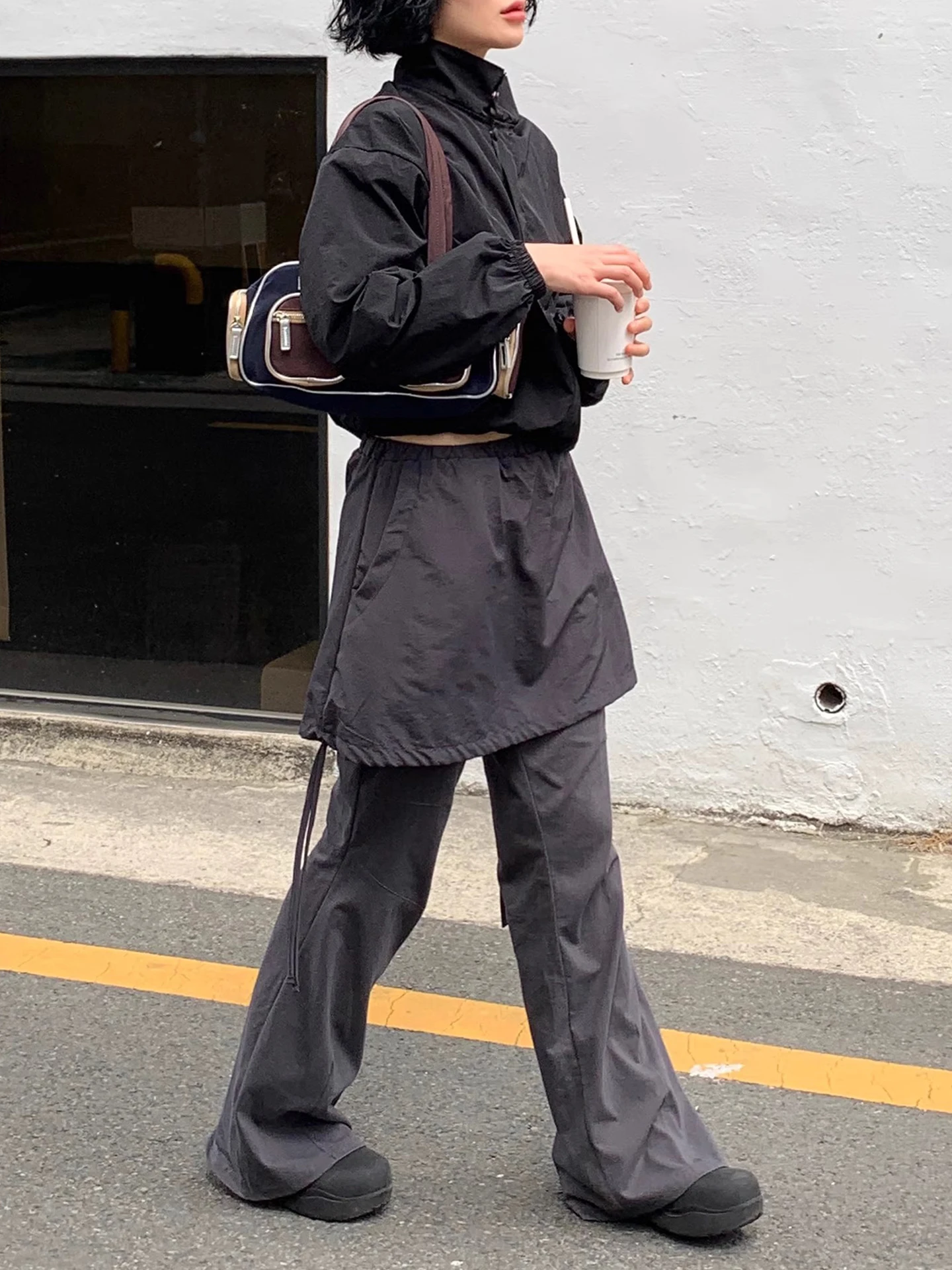 

Gagarich Korean Chic Autumn Design Sense Drawstring Skirt Splicing Fake Two-piece Casual Pants Micro Flared Pants