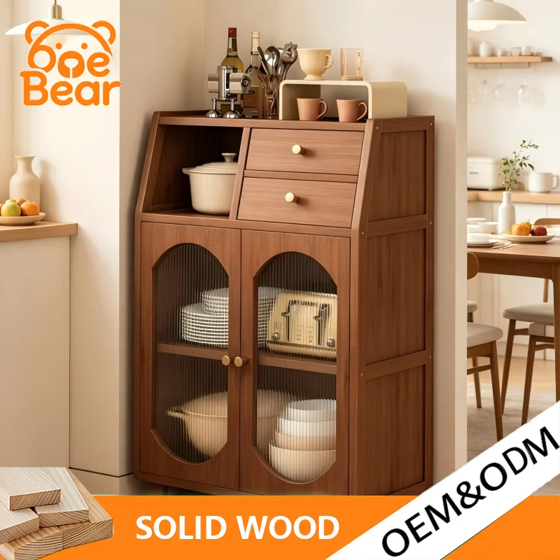 Bamboo Sideboard Storage Cabinet with Arch Fluted Door, Double Drawer Design, Kitchen Dining Cabinet for Tableware Living Room