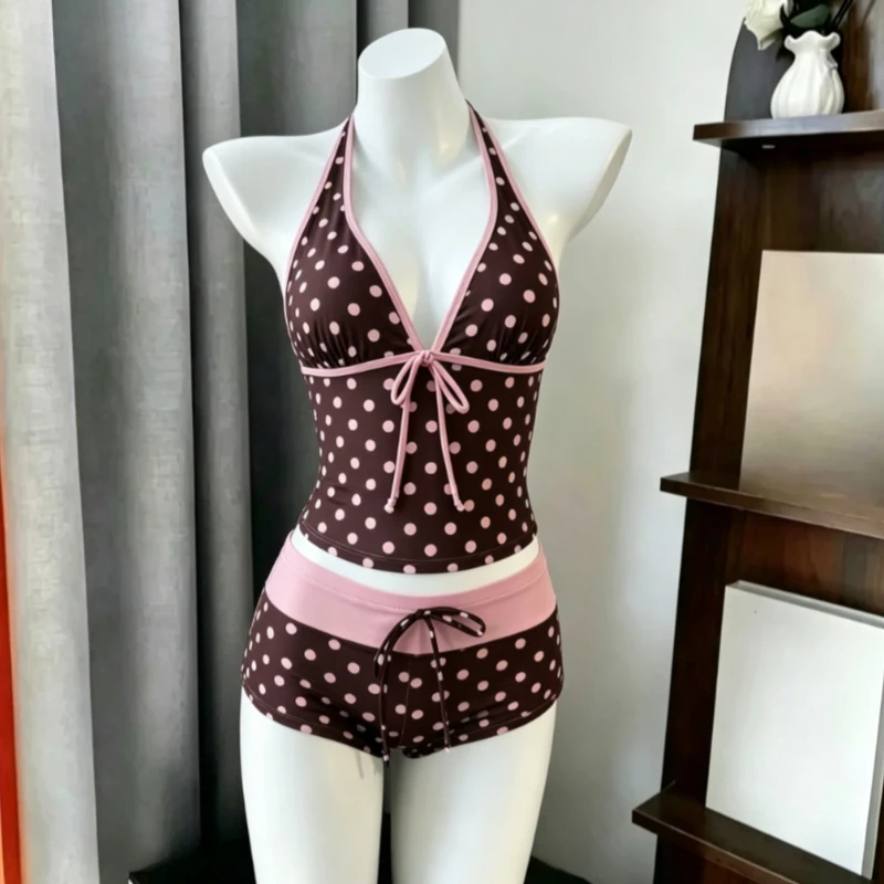 

Summer Polka Dot Two Piece Bikini Suit Women Beach Halter Tie V Neck Bodycon Bathing Swimwear Pool Holiday Vacation Outfit