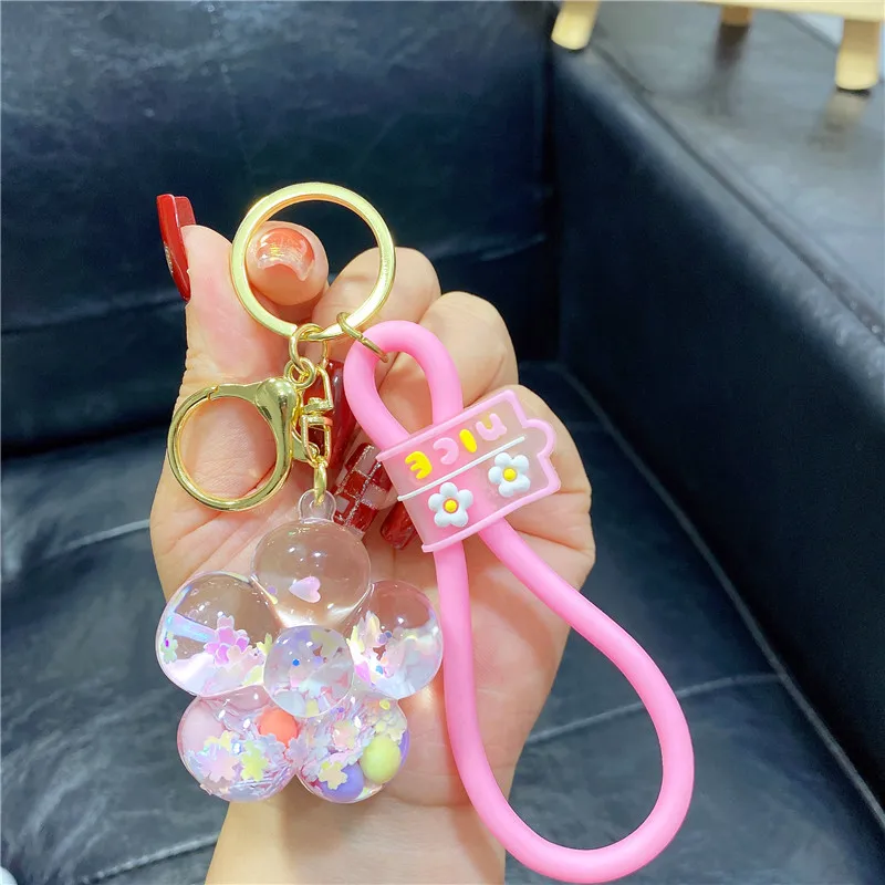 Creative In Oil Snowflake Quicksand Bottle Sunflower Keychain Female Floating Flower Sequin Rainbow Bean Liquid Keyring Pendant