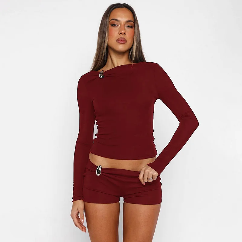 Wine Red 2 Piece Set Women Long Sleeve Crop Top and Shorts Slim Fit Bodycon Outfit with Metal Decor Fashion Casual Party Sets