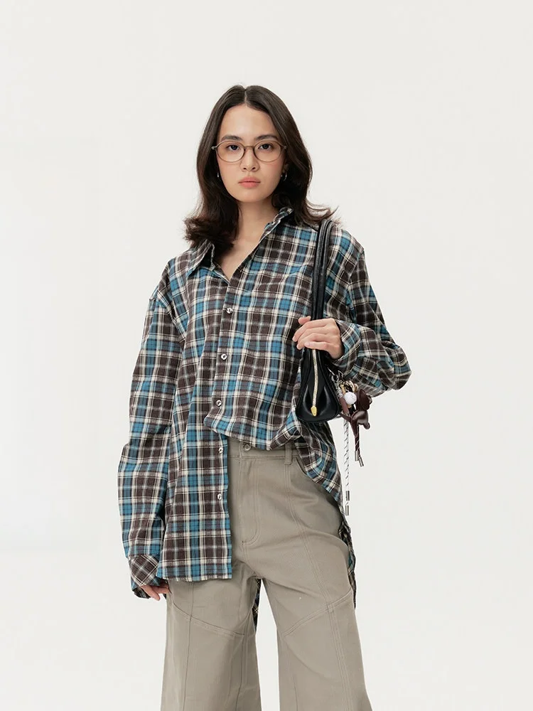 

WEARWELL Sli Patchwork Plaid Oversize Casual Vintage ape Loose Long Sve irt Women's Cotton Polyester Blend Co...