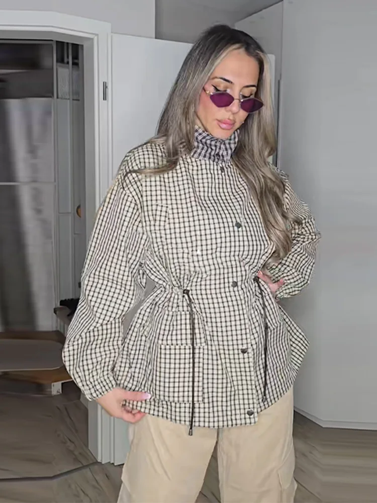 Spring Women Plaid Jacket Stand Collar Single Breasted Pockets Tunic Long Sleeve Female Coat Casual Office Loose Top 2026