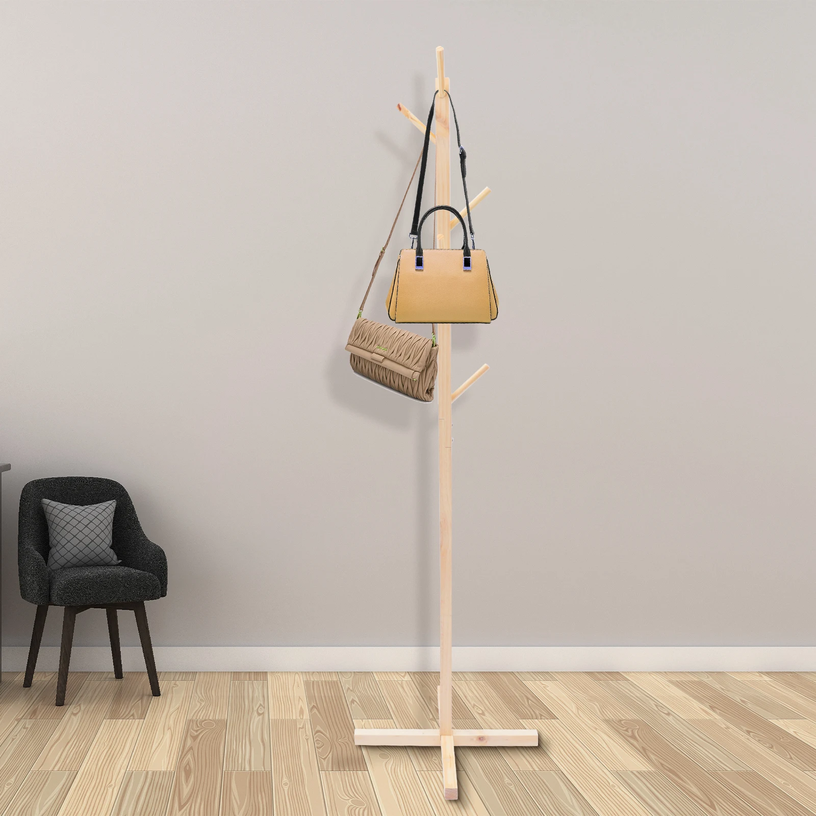 Coat Stand Garment Rack Wooden Clothes Rail Hat Umbrella Hanger Freestanding Bag Jacket Rack Living Room Entryway OrganizerStand