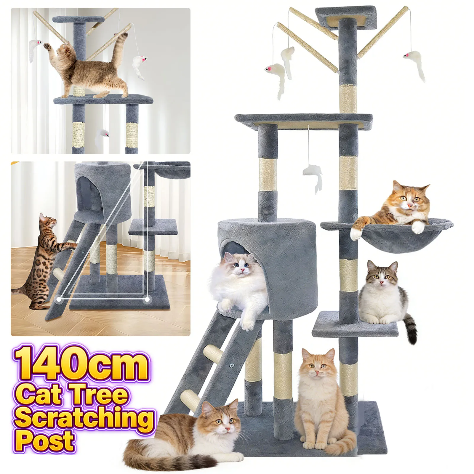 Katzenbaum mit Kratzstamm, stabile Struktur, Katzen-Aktivitätszentrum, Haustierspielzeug-Kratzbaum, hoher Katzenmöbel-Kletterturm