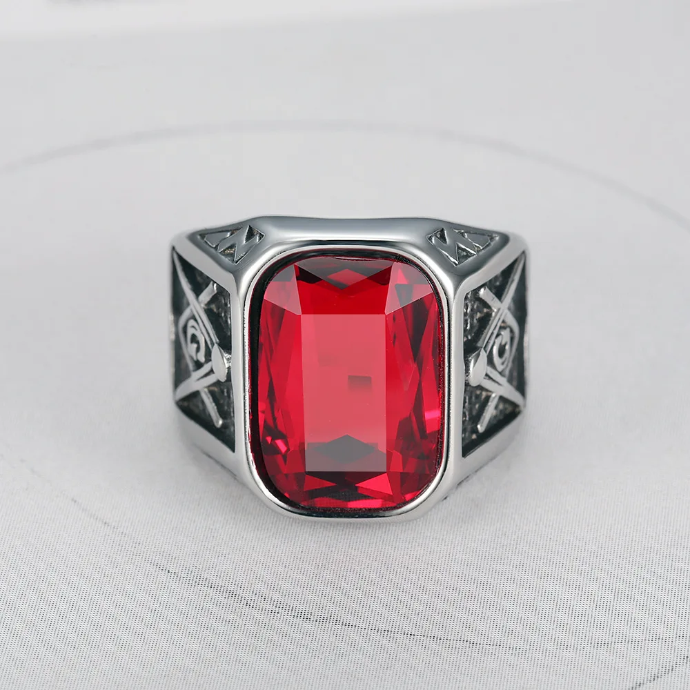 Punk Masonic Rings big stone For Men Sliver Color Stainless Steel Vintage AG Freemason Classic Jewelry Gifts Dropshipping