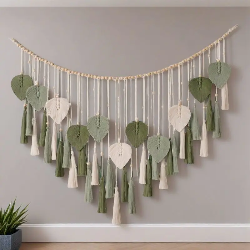 Large Macrame Wall Hanging Boho Handmade Woven Tapestry with Wood Beads and Leaf Wall Art Decor Macrame Tapestry for Bedroom