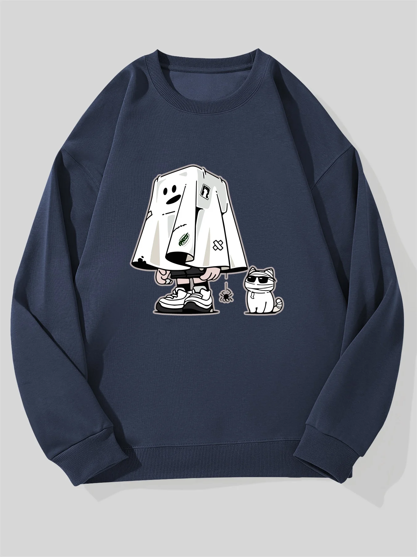 

Men's Navy Blue Oversized Casual Sweatshirt with Cute & Maneki-Neko Cat Print - Manga-Inspired Pullover Sweater, Machine