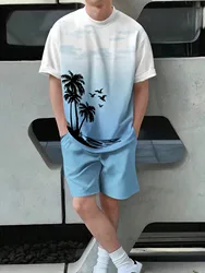 Summer Vacation Outdoor Casual Men's Suit, Palm Print Gradient Color Round Neck Short-sleeved T-shirt and Shorts